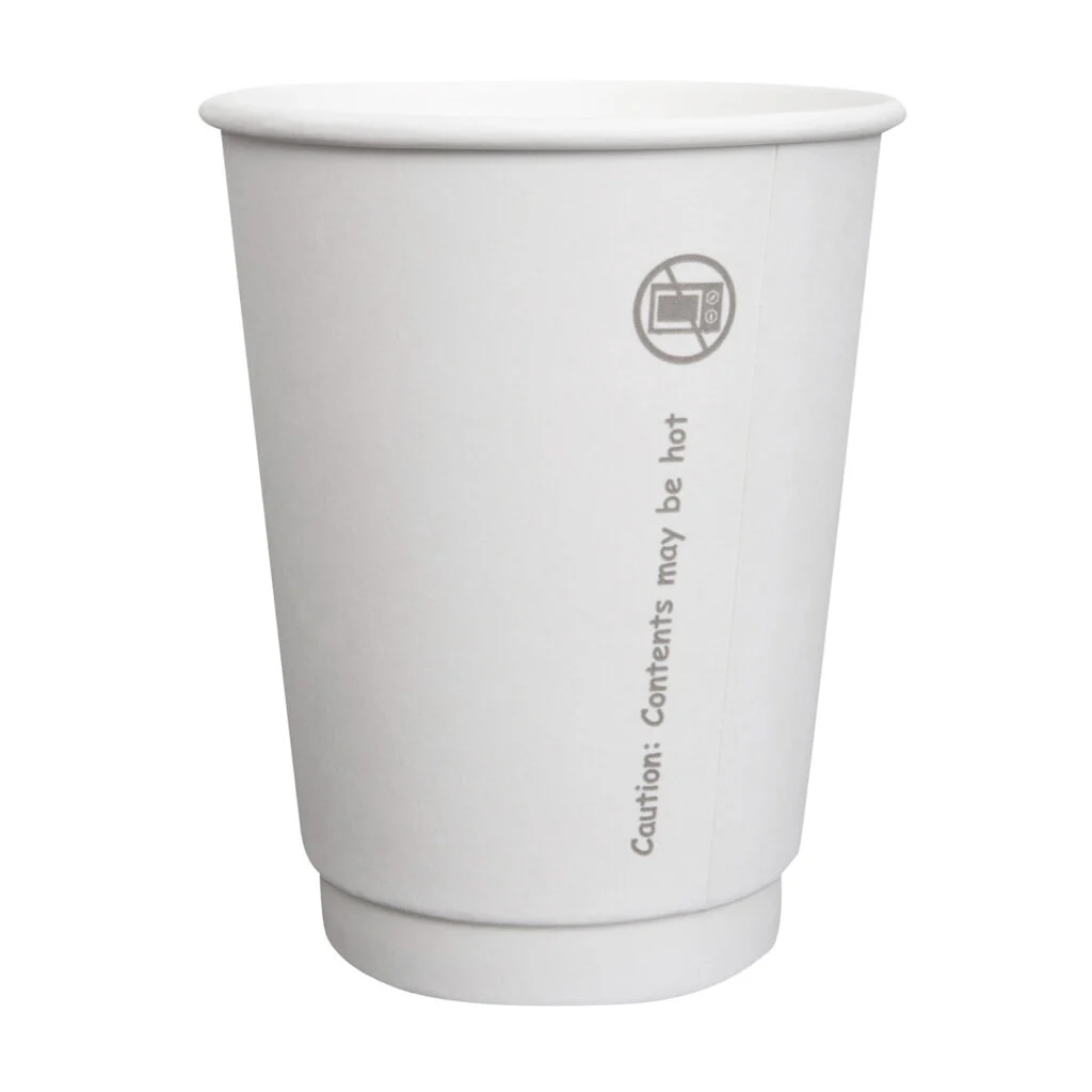 A plain white 12 oz double-wall paper hot cup with a printed “Caution: Contents may be hot” warning.