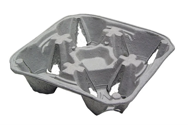 Gray molded fiber 4-cup beverage carrier with four upright compartments for holding drink cups securely.