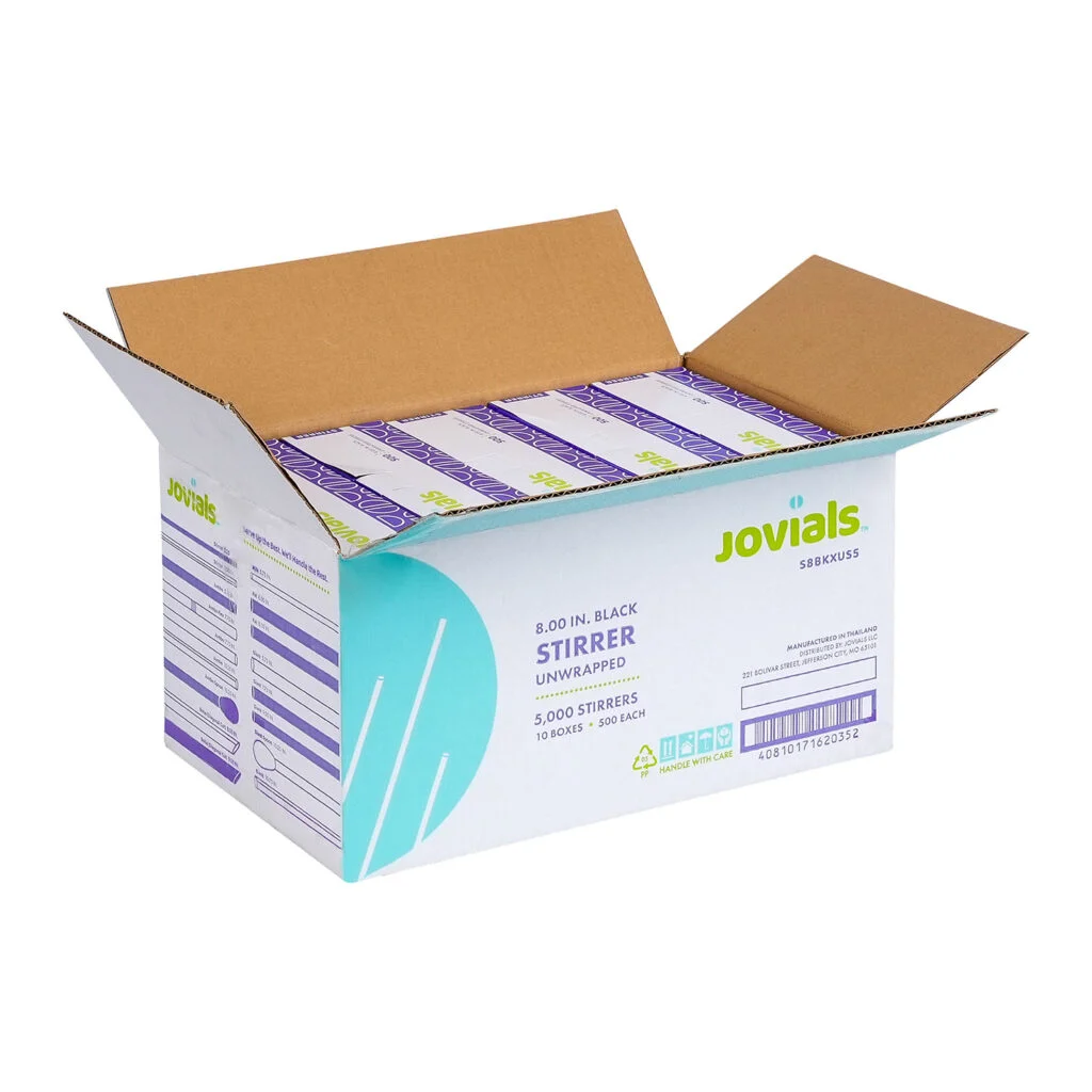 Case of Jovials 8-inch black unwrapped drink stirrers opened to reveal multiple inner boxes totaling 5,000 stirrers.
