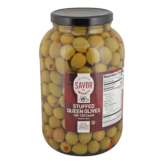 Savor Imports stuffed queen olives 100-120 count in a 1 gallon bulk jar with black lid