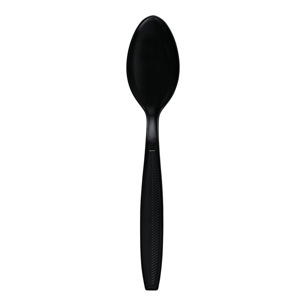 Black heavy weight plastic teaspoon with textured handle, single disposable utensil on a white background.