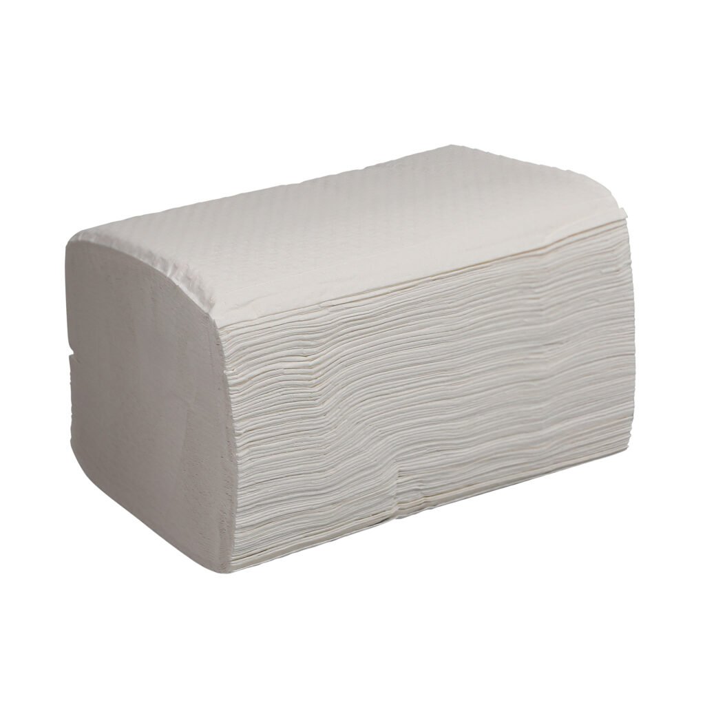Stack of white interfold dispenser napkins shown unwrapped on a white background.