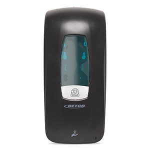 Black Clario C3 touch-free foam soap dispenser with viewing window and sensor on a white background.