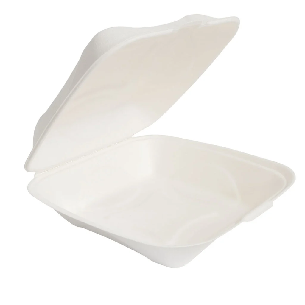 Open white molded fiber clamshell container displaying spacious interior for foodservice meals.