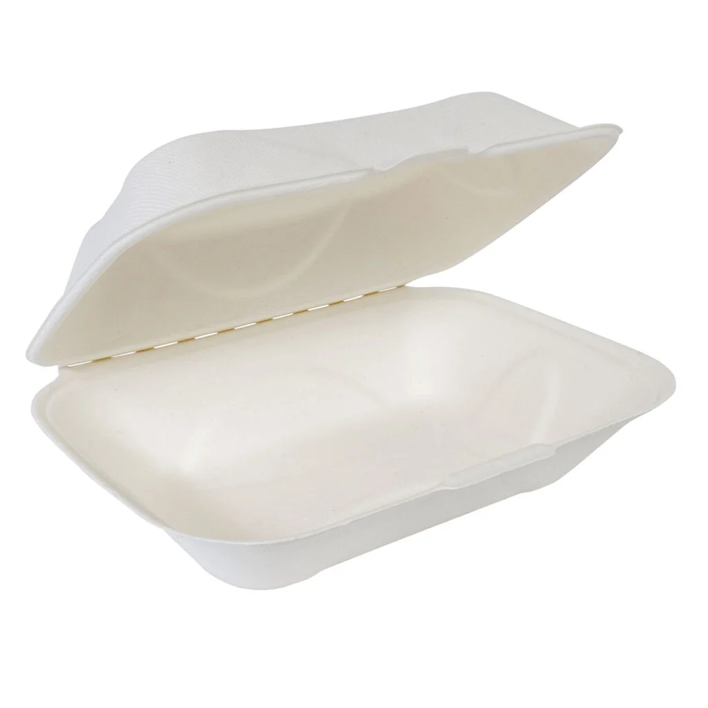 Angled view of a white molded fiber clamshell container partially open, showing hinged lid and single-compartment interior.