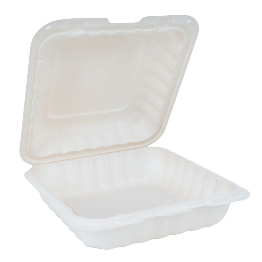 Open EcoSystems MFPP 8" x 8" takeout clamshell container on white background