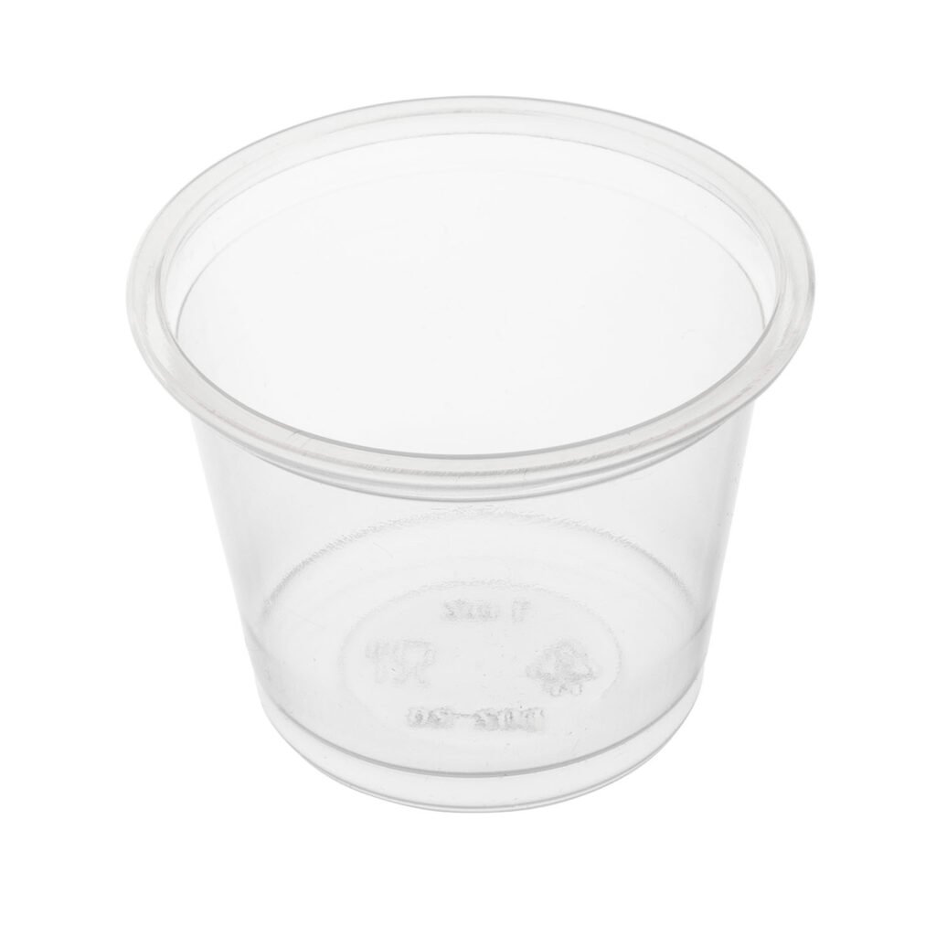 Single clear 1 oz polypropylene portion cup shown upright on a white background.