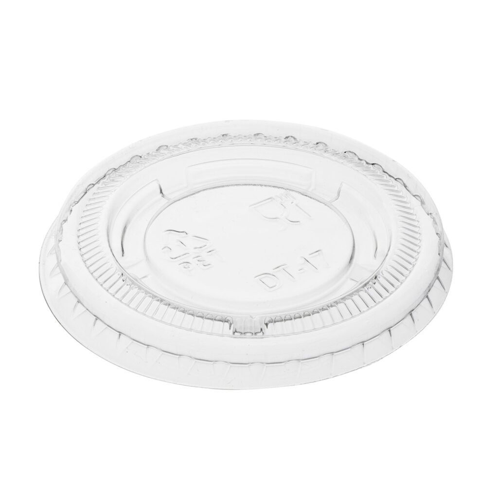 Single clear PET portion cup lid shown flat on a white background with raised rim detail.