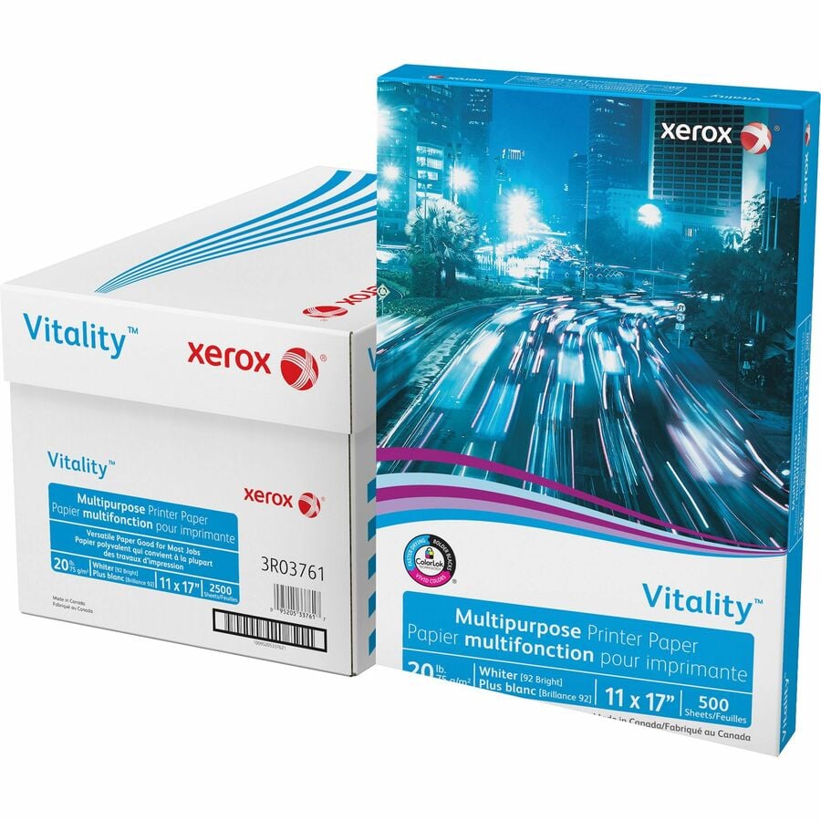 Xerox Vitality 11x17 printer paper ream and case box packaging, 20 lb, 92 bright, 500 sheets per ream