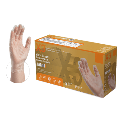 Box of Ammex X3 clear vinyl gloves with single glove displayed beside packaging.