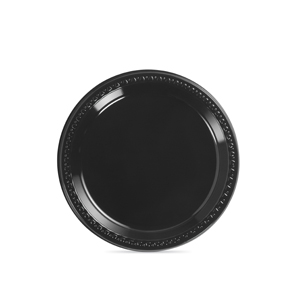Chinet 9-inch black heavy weight plastic plate with a decorative rim, shown on a white background.