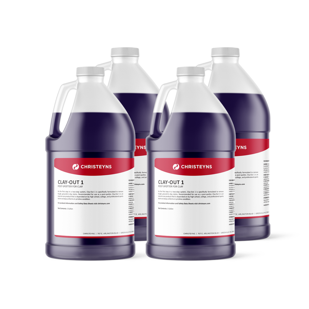 Four one-gallon bottles of Christeyns CLAY-OUT 1 post-spotter laundry solution for clay stain removal.
