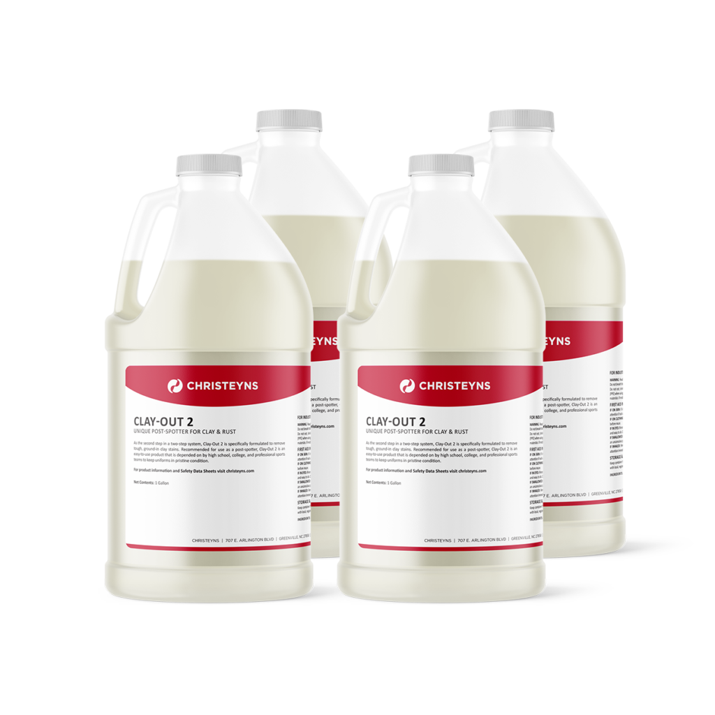 Four one-gallon bottles of Christeyns CLAY-OUT 2 clay and rust post-spotter laundry solution.