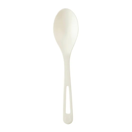 Compostable off-white corn starch spoon shown upright against a plain background.