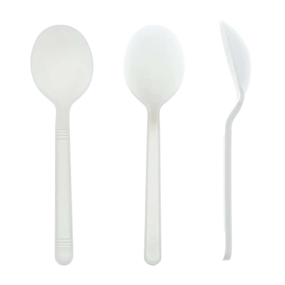 Heavy-weight white polypropylene soup spoons shown front and side views