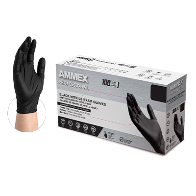 Box of Ammex Professional black nitrile exam gloves with a gloved hand displayed beside the package.